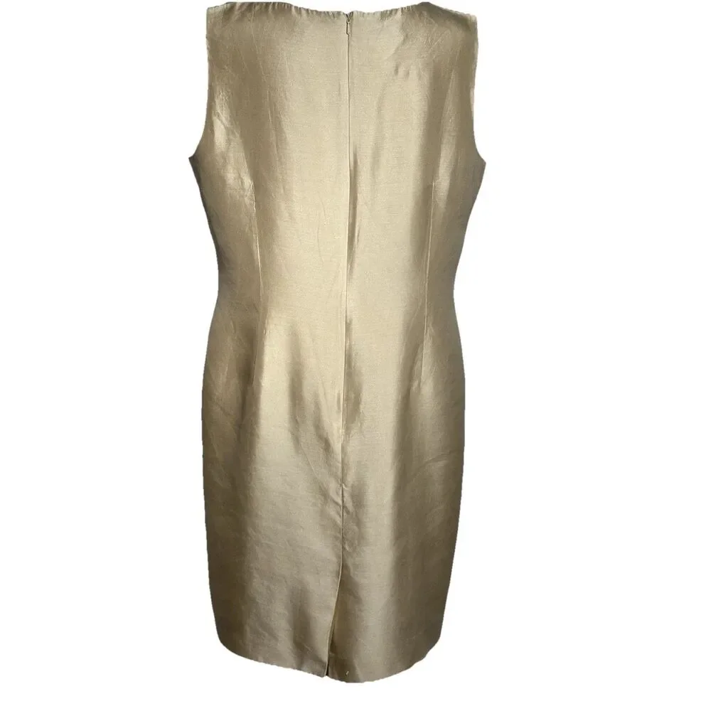 Talbots Petites 100% Silk Shift Dress Gold Sleeveless Size 14 Elegant Classic